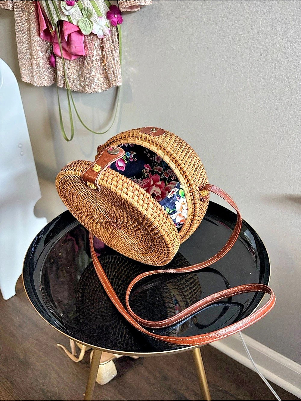 Floral lined Rattan Crossbody